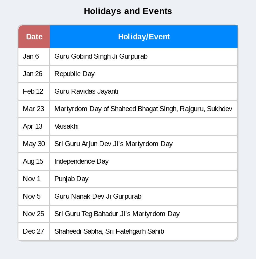Punjab government school holidays